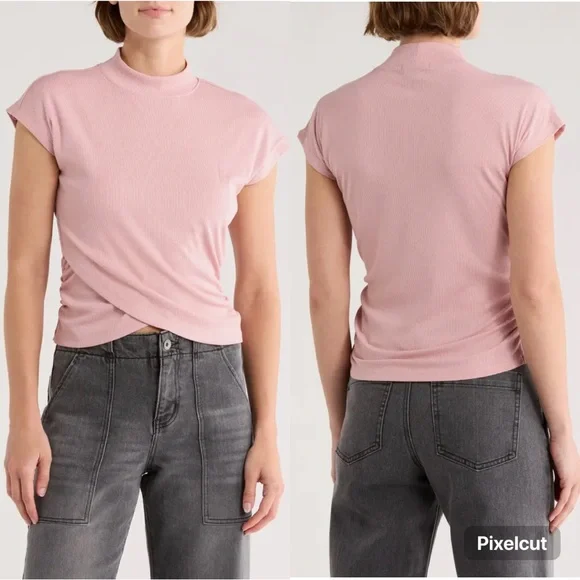 Sanctuary Cap Sleeve Ribbed Crossover T-Shirt In Misty Rose Pink Size XXS/XS - Picture 1 of 11